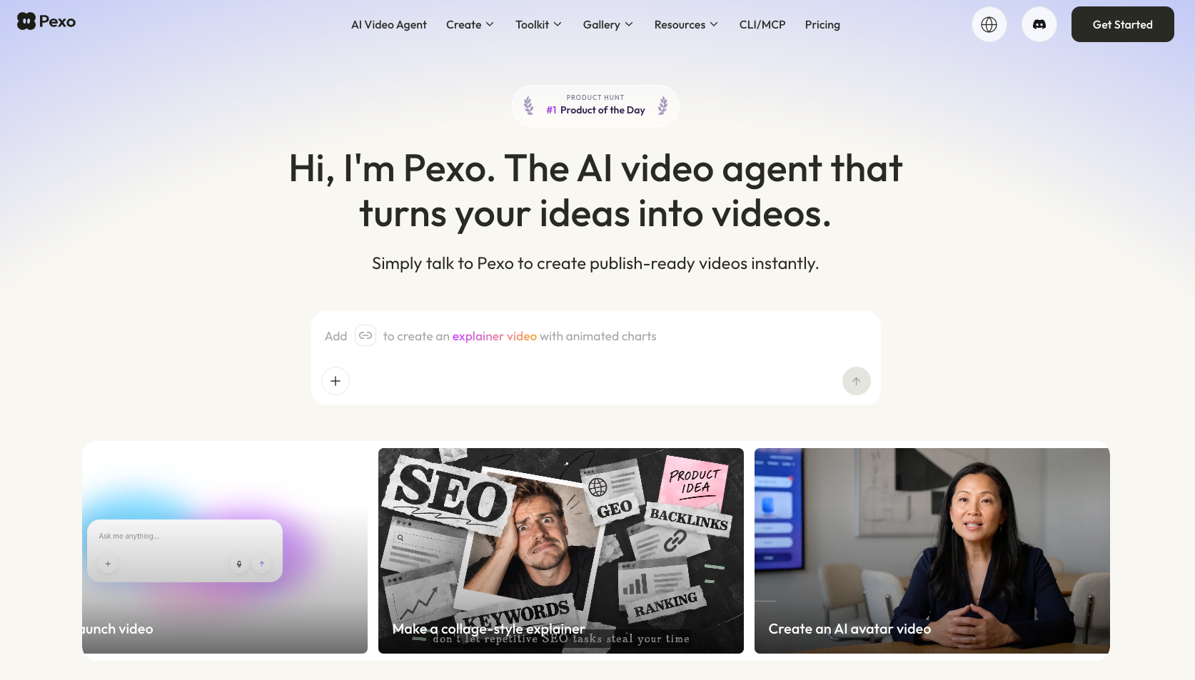 Pexo homepage showing a video creation prompt and three video example cards