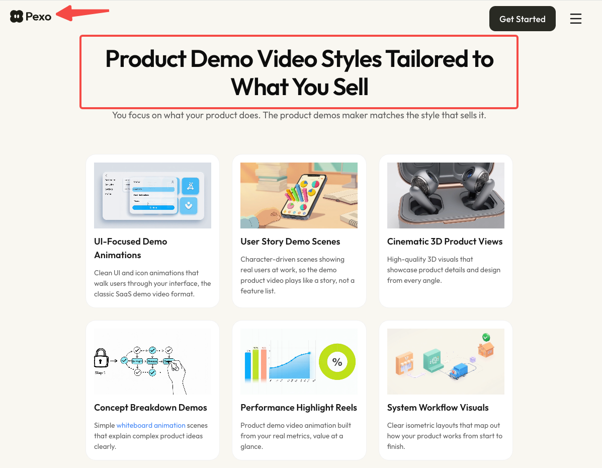 Pexo product demo page showing six video style options