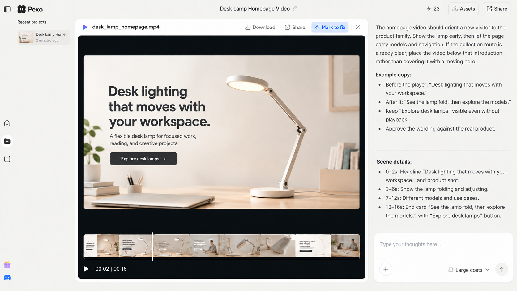 Illustrative desk lamp homepage video preview with an Explore desk lamps button and scene notes