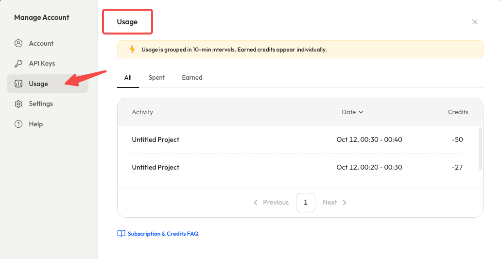 Pexo Usage page showing credit deductions by activity and date