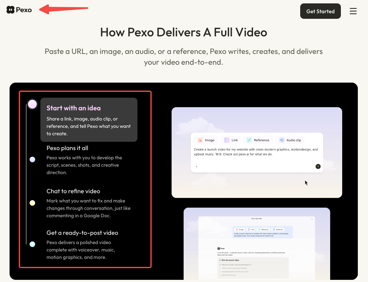 Pexo workflow page showing idea inputs, planning, video refinement and delivery stages
