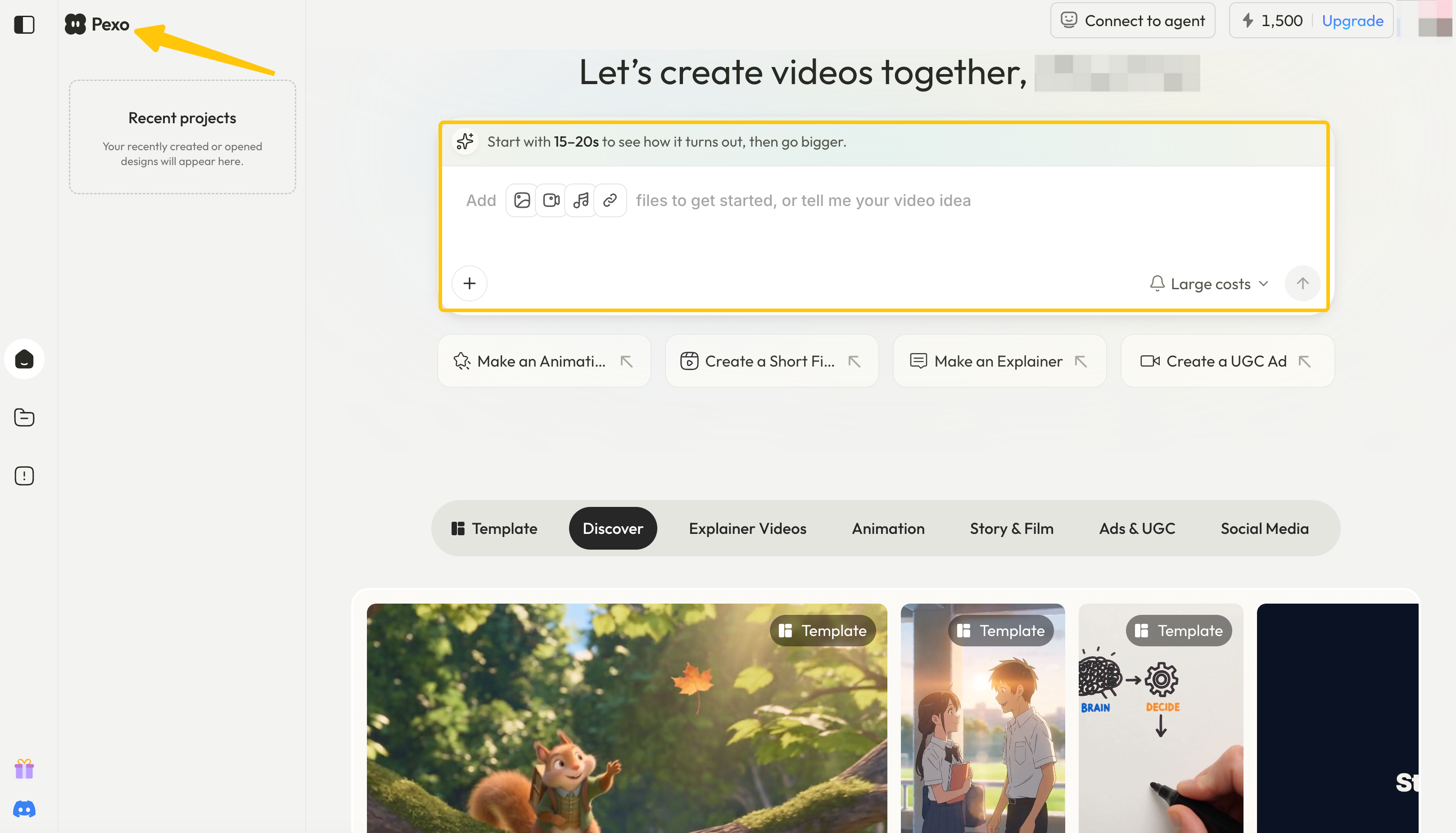 Pexo video creation workspace with a prompt field, asset input icons and example templates