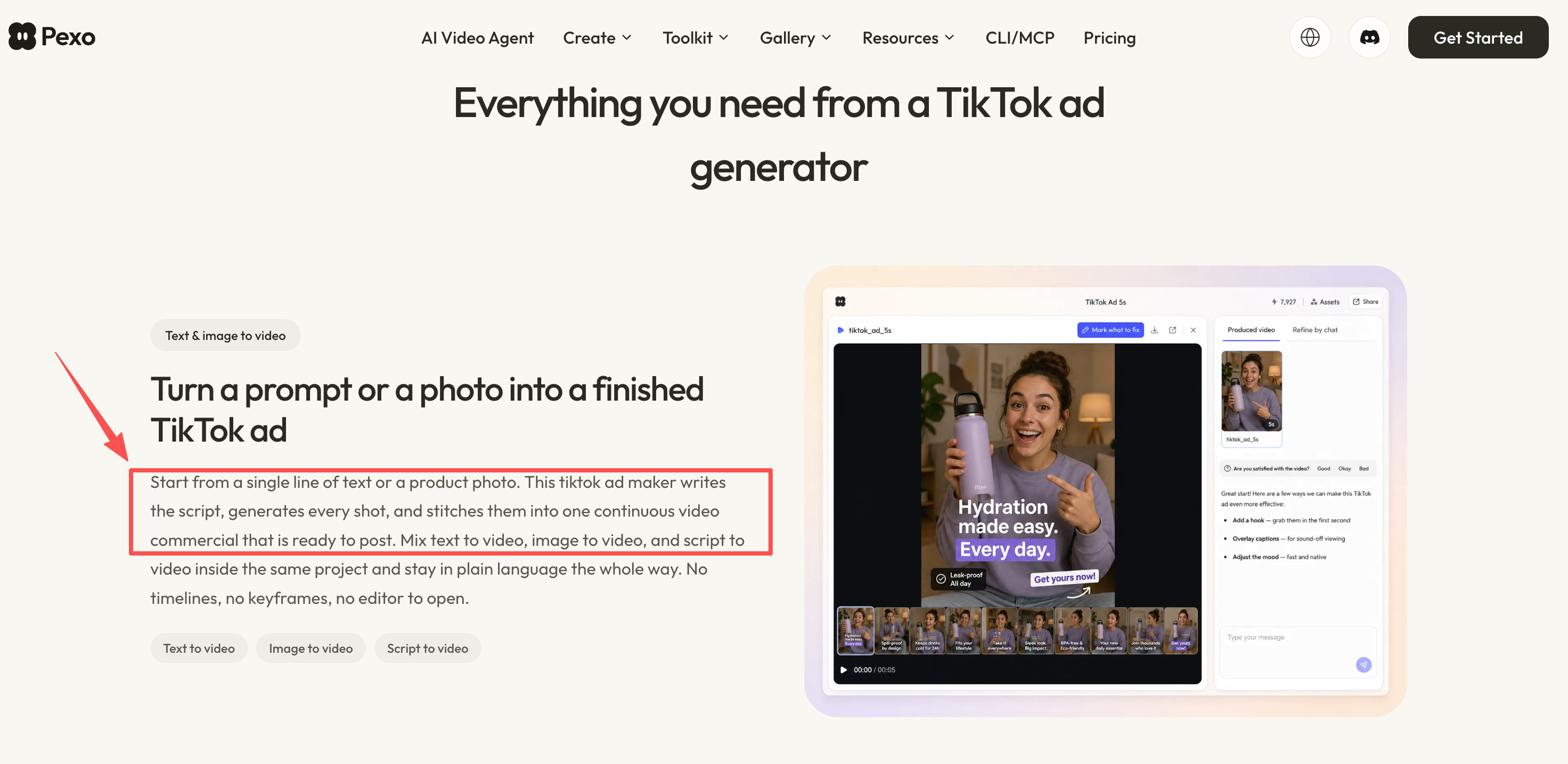 PexoのTikTok広告動画作成ページに掲載された商品動画プレビューと入力方法の説明