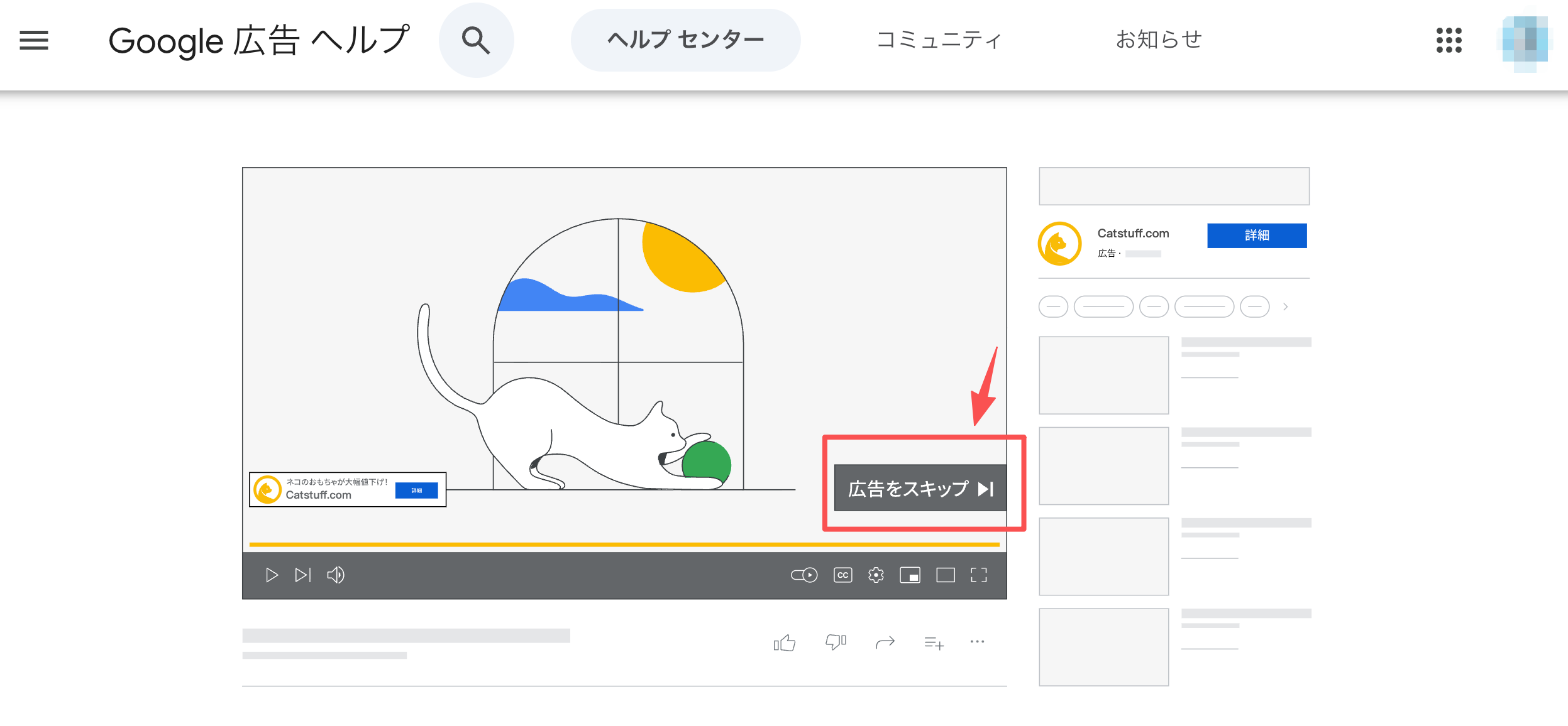 YouTube広告動画の再生画面に表示された広告をスキップするボタンの例