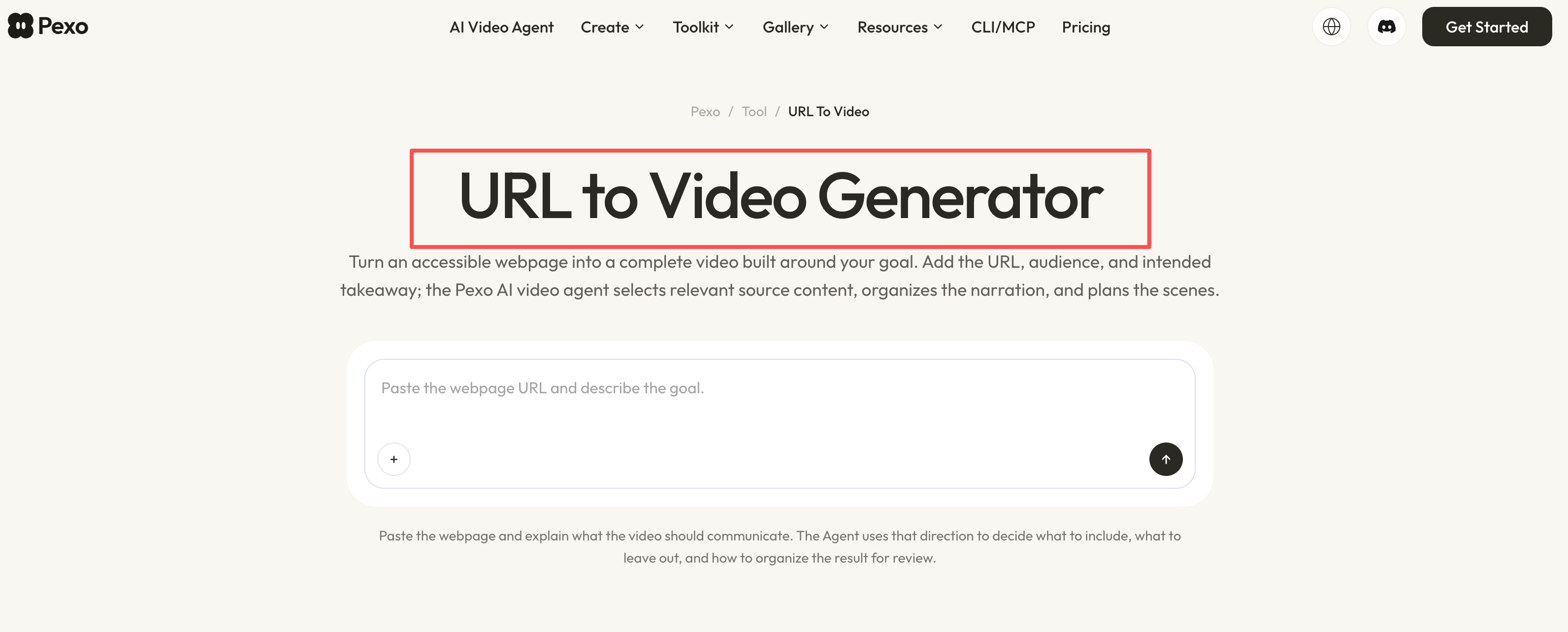 Amazon商品動画の素材案を作るPexo URL to Video画面でURLと動画の目的を入力