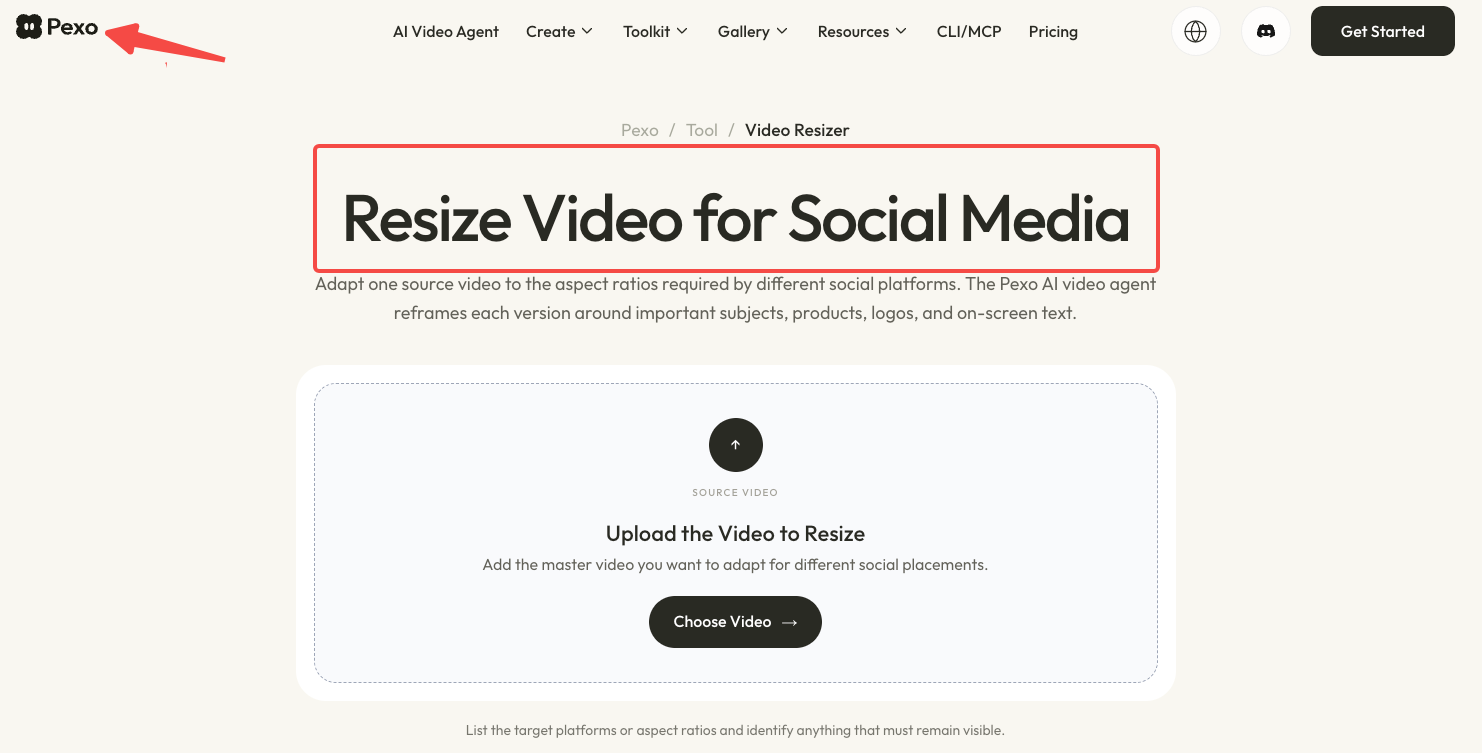 Pexo Video Resizer page showing source video upload for social media aspect ratios