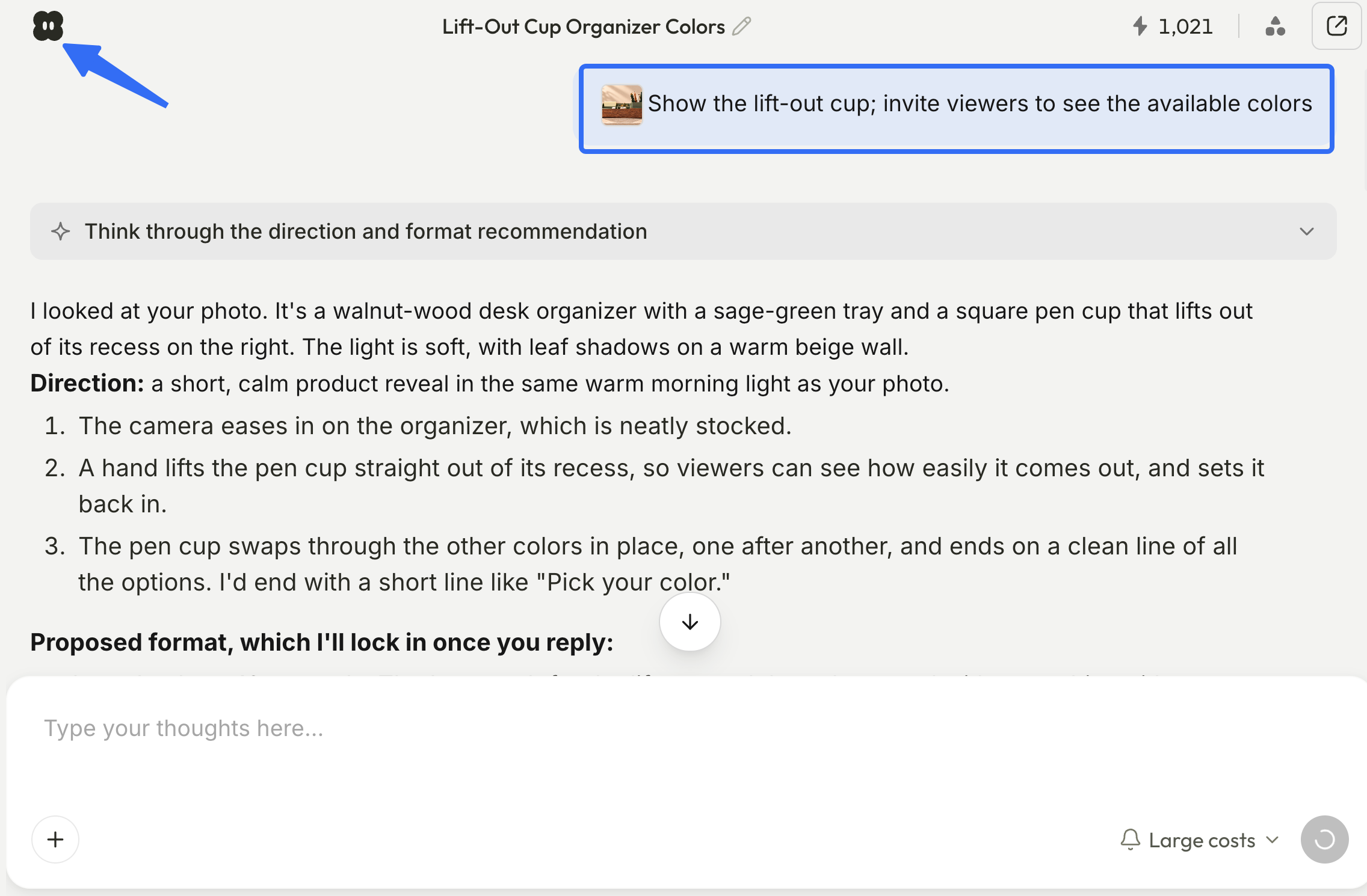Pexo project brief specifying a lift-out pen cup and a prompt to show available colors
