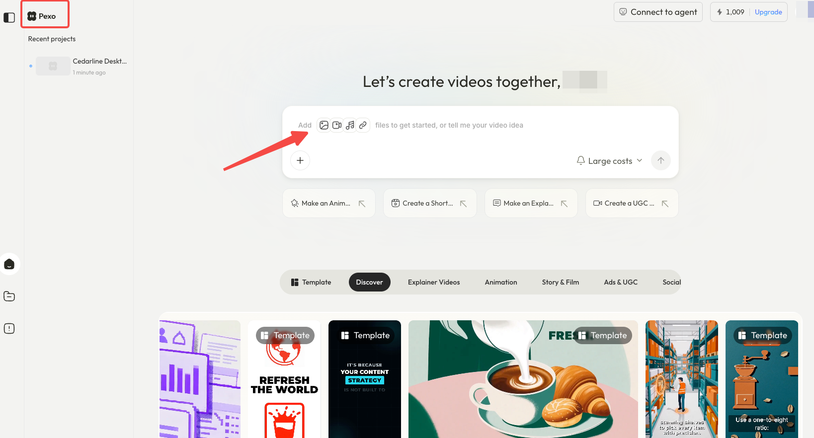 Pexo video creation workspace with media input icons and a project prompt field