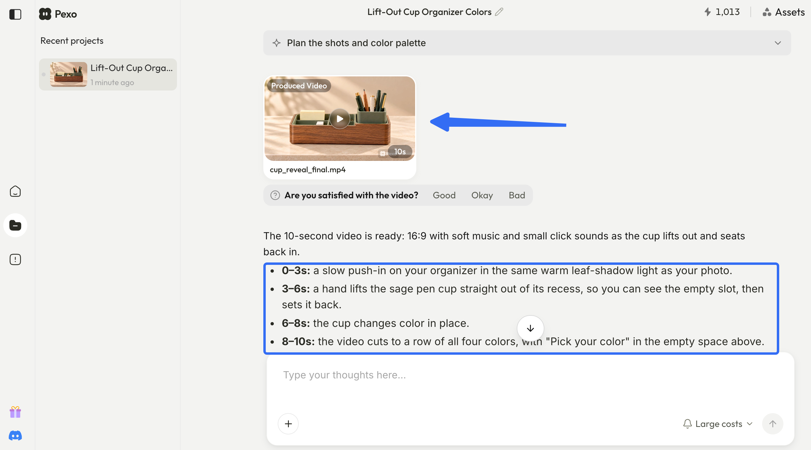 Pexo video result preview with a desk organizer and notes for the cup reveal and color sequence