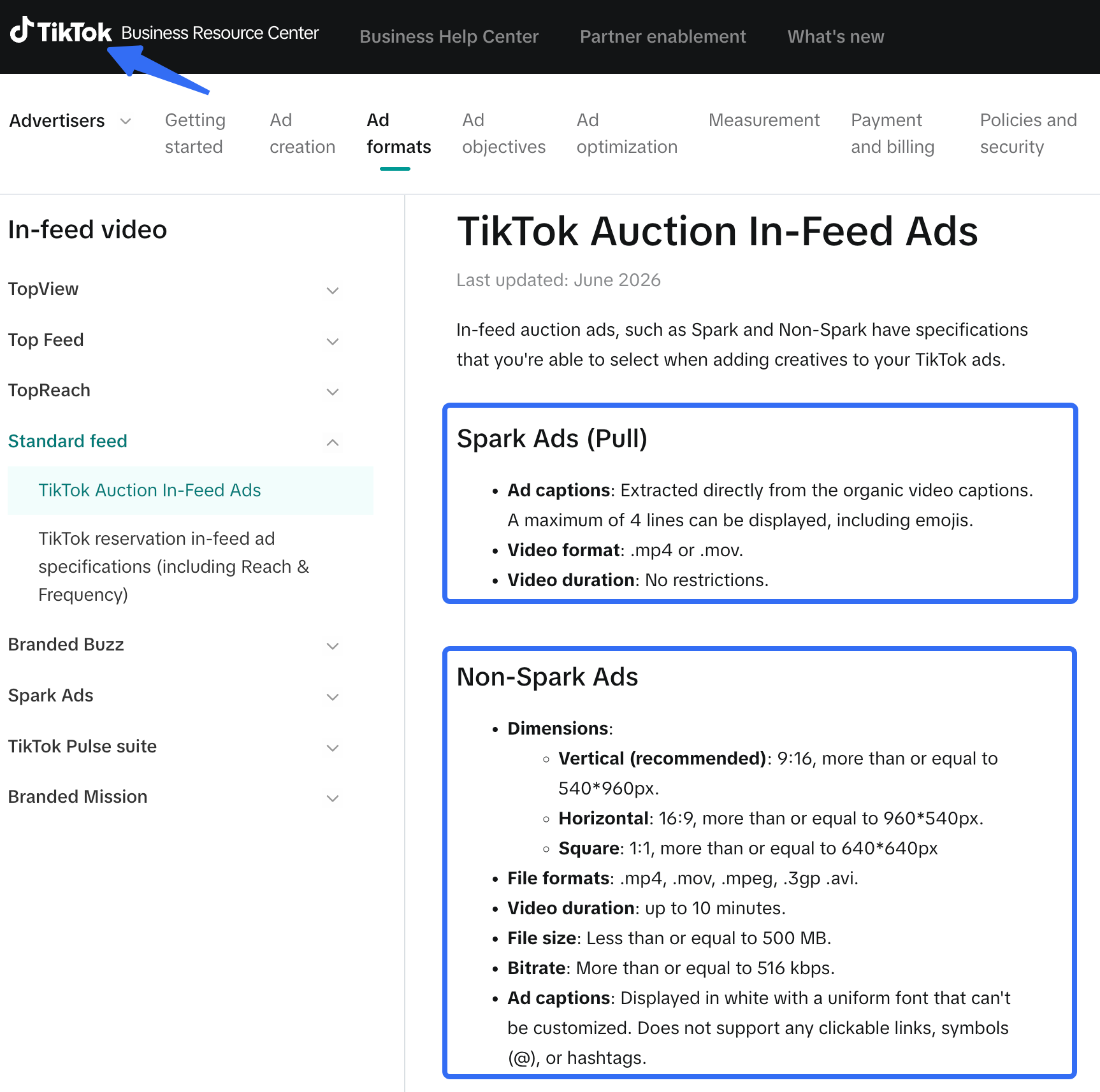 TikTok Business Help Center screenshot showing Spark and non-Spark in-feed video ad specifications