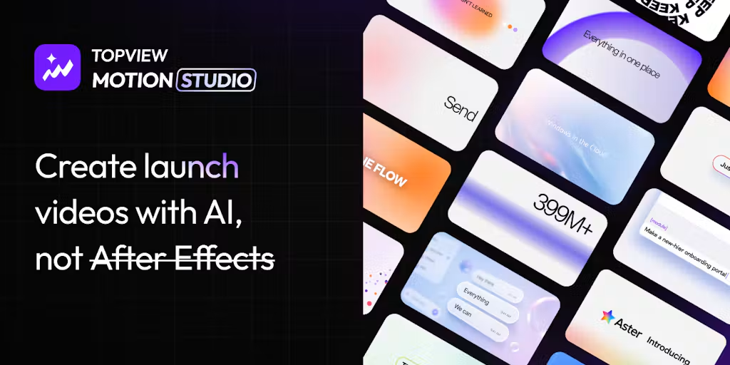 Topview Motion Studio promotional graphic with sample motion design cards