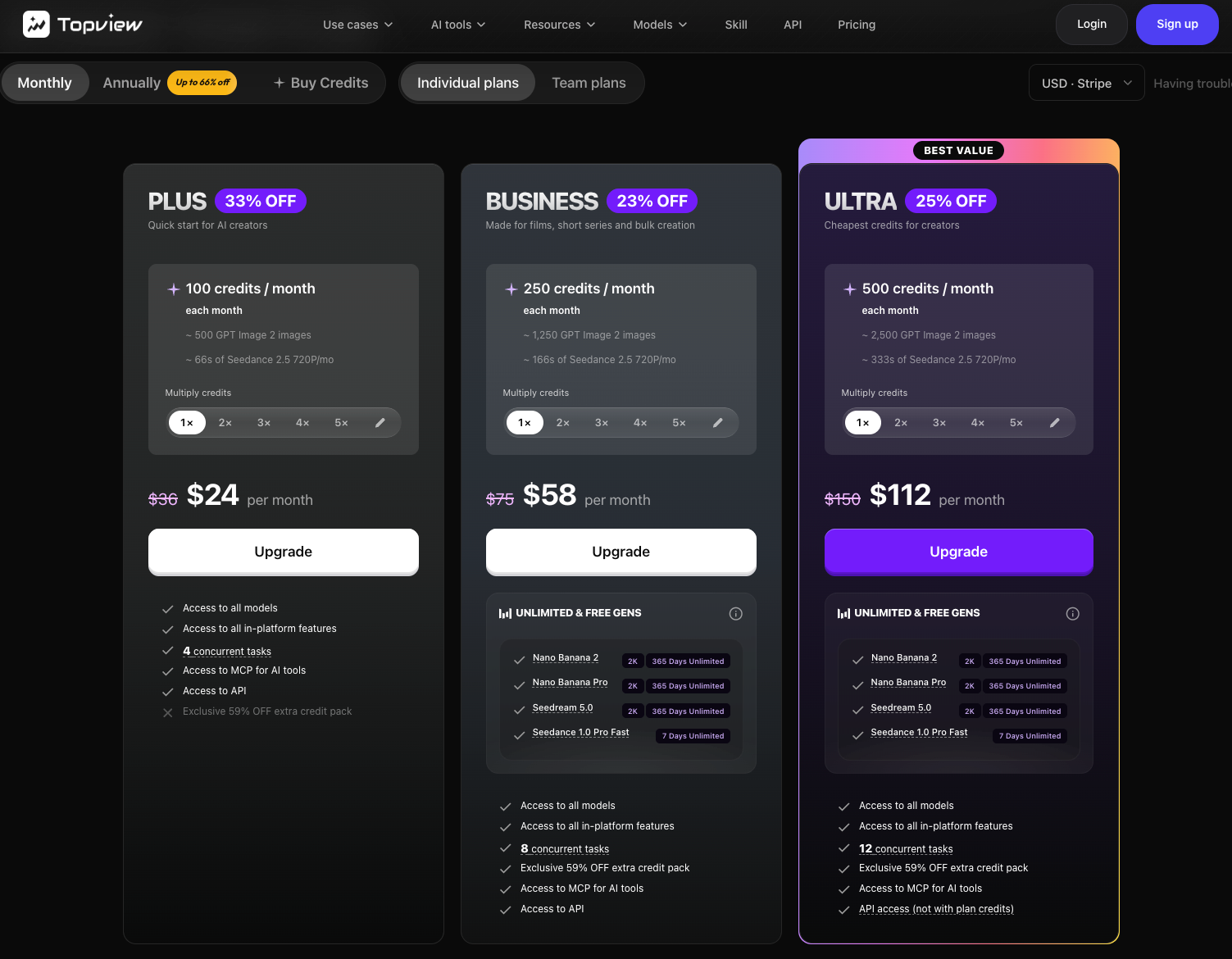 Topview pricing page showing Plus, Business and Ultra plan cards