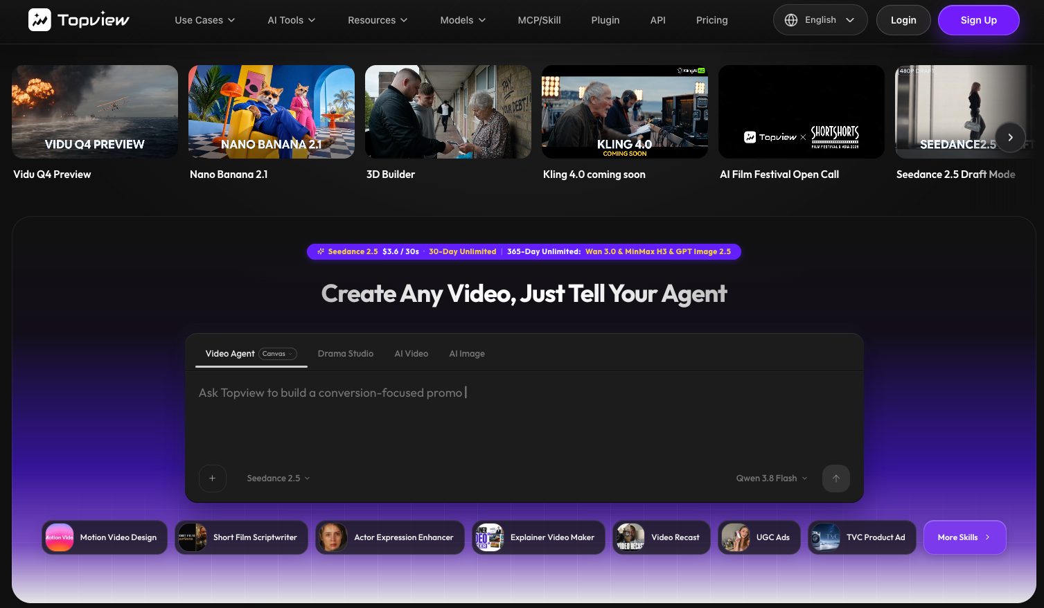 Topview homepage with a Video Agent prompt and video creation options