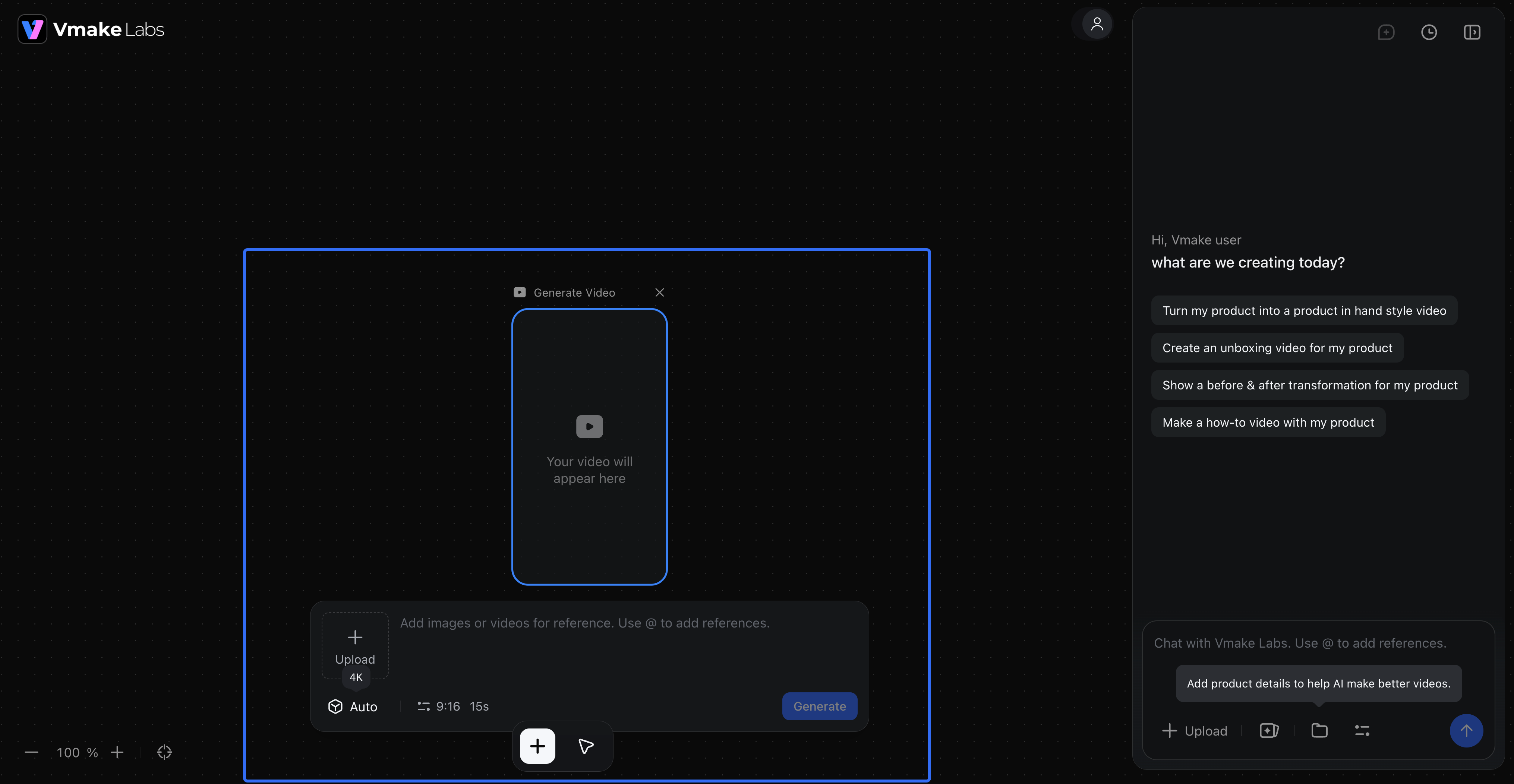 Vmake Labs video generation workspace with reference media uploads and a chat panel