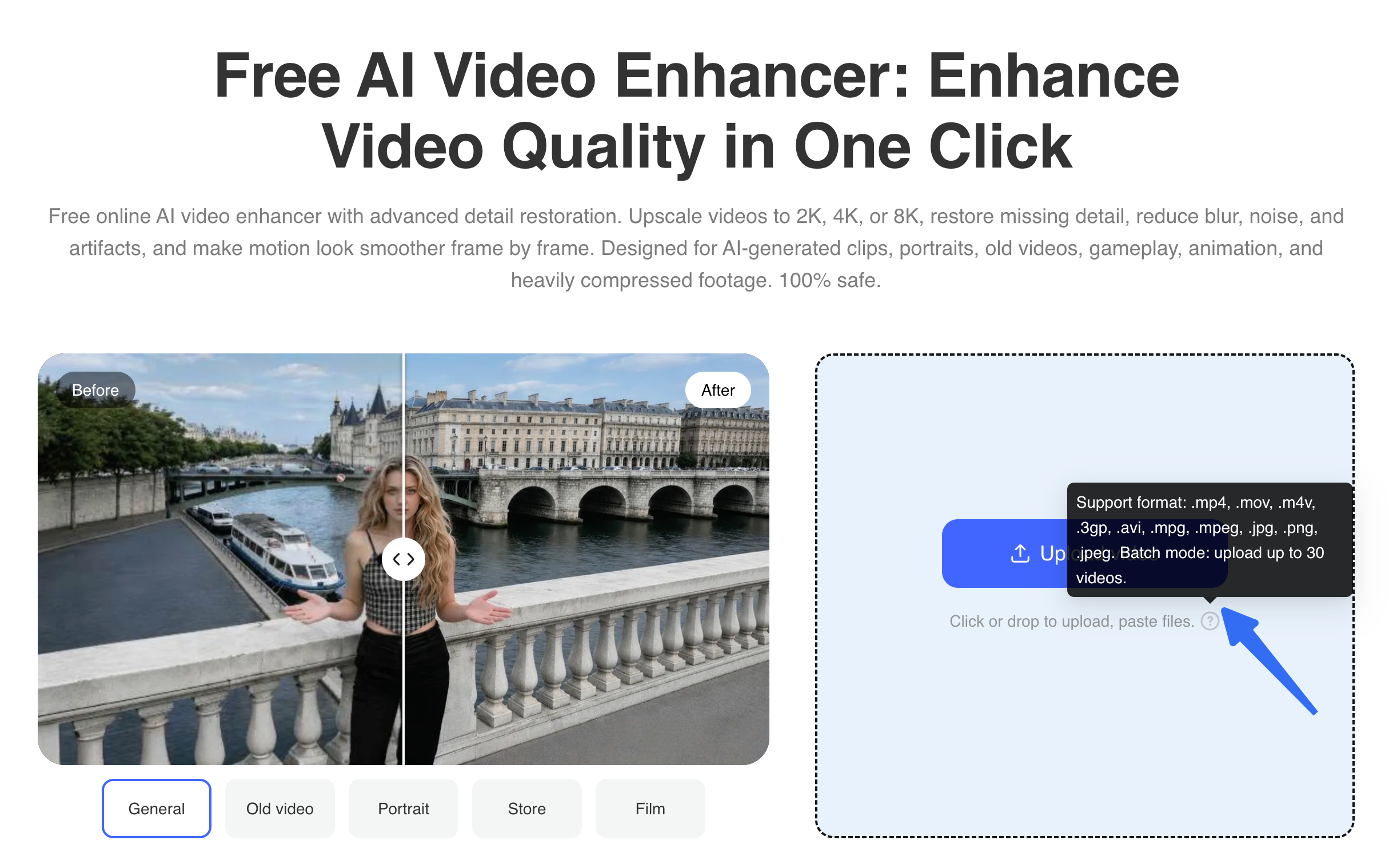 Vmake video enhancer page with a before-and-after example, upload area and supported format tooltip