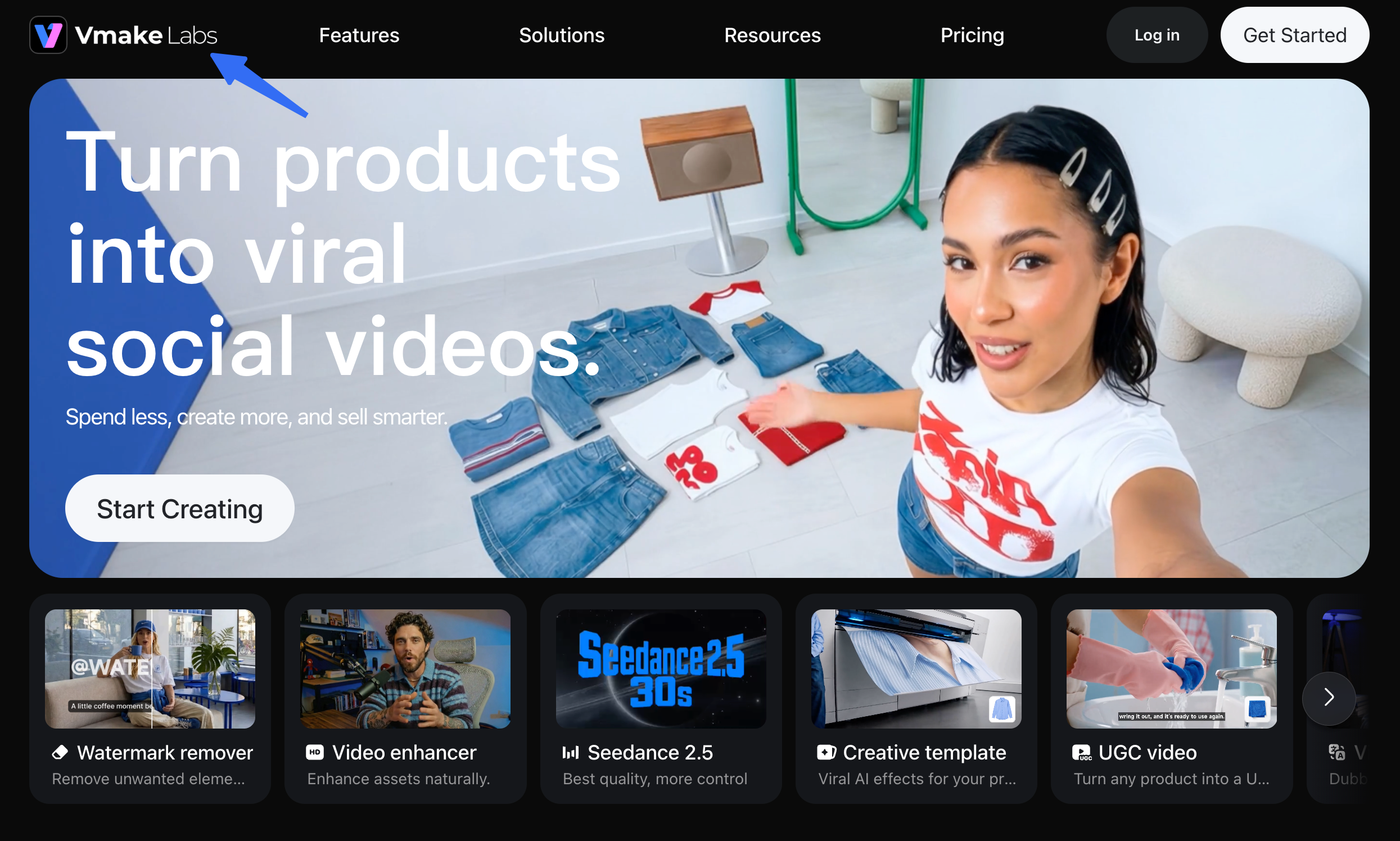 Vmake Labs homepage with product video examples and enhancement and generation tools