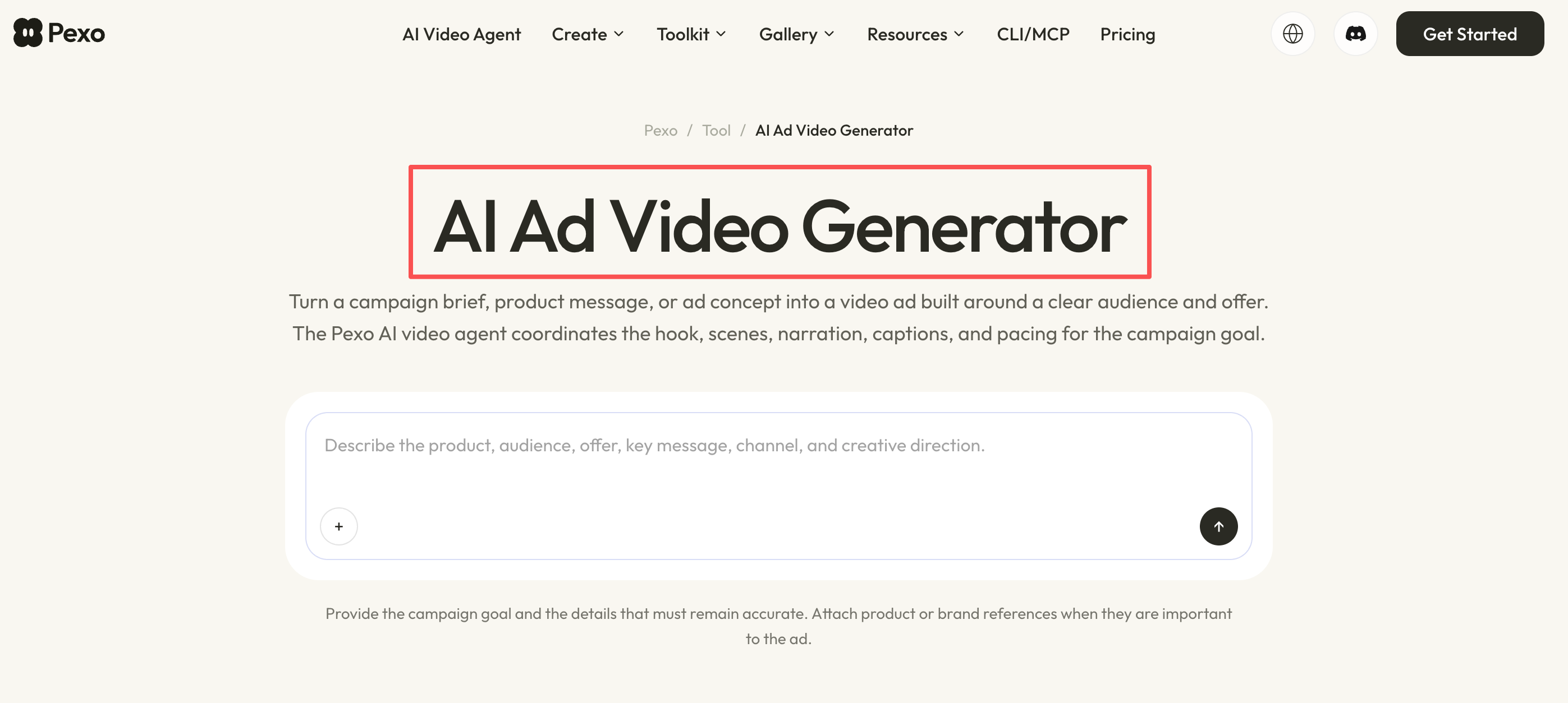 商品広告動画の方向案を作るPexo AI Ad Video Generatorの入力画面