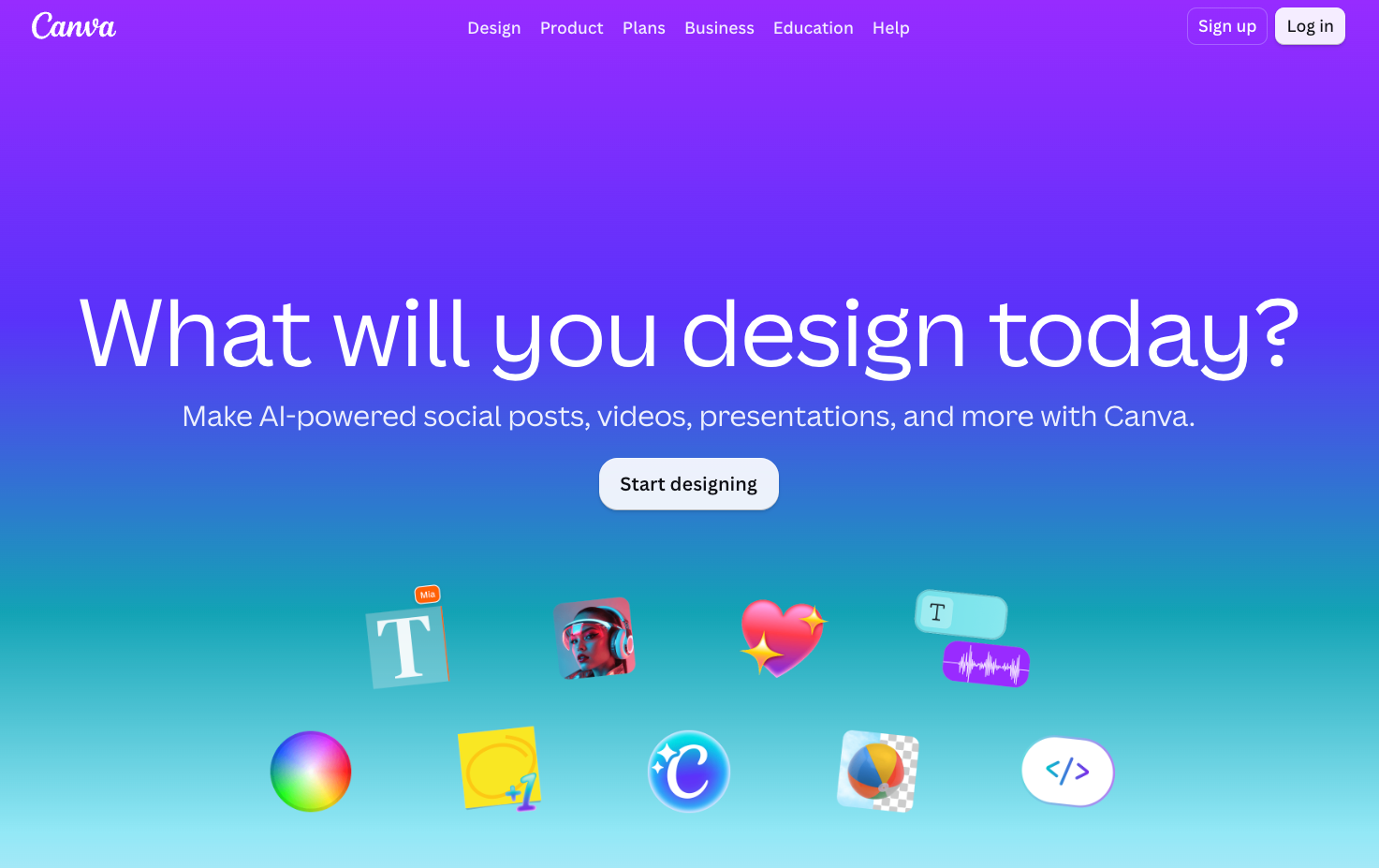 Canva homepage introducing its design tools for social posts, videos and presentations
