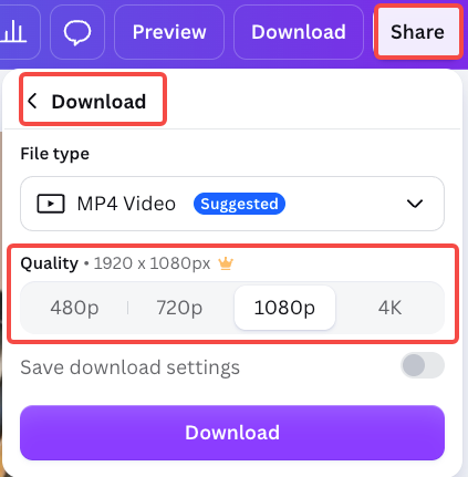 Canva download panel showing MP4 Video and resolution options
