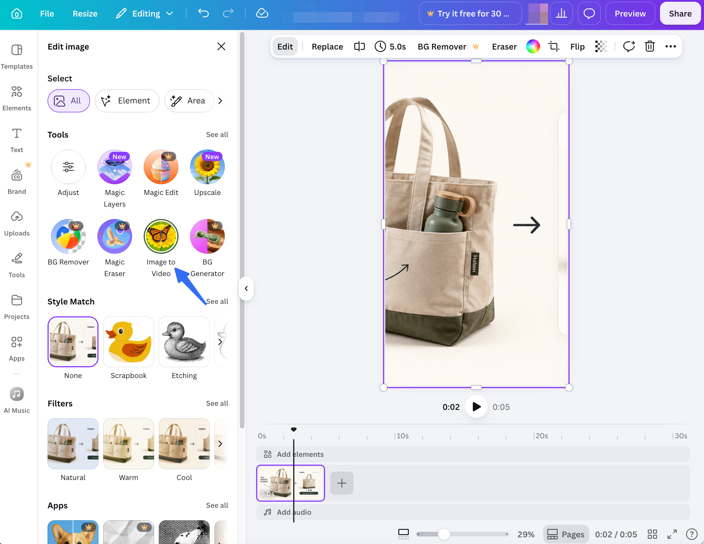 Canva video editor showing a tote photo with the Image to Video tool highlighted