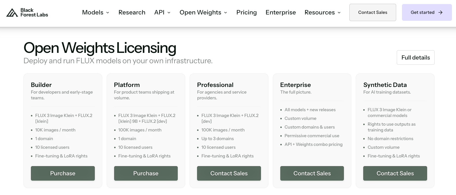 Black Forest Labs Open Weights Licensing page with Builder, Platform, Professional, Enterprise and Synthetic Data options