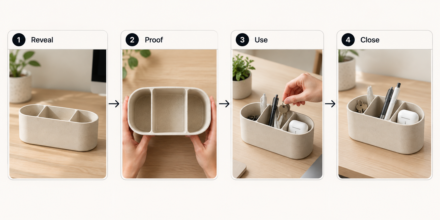 Four-panel desk caddy storyboard showing reveal, three-compartment proof, use and closing views