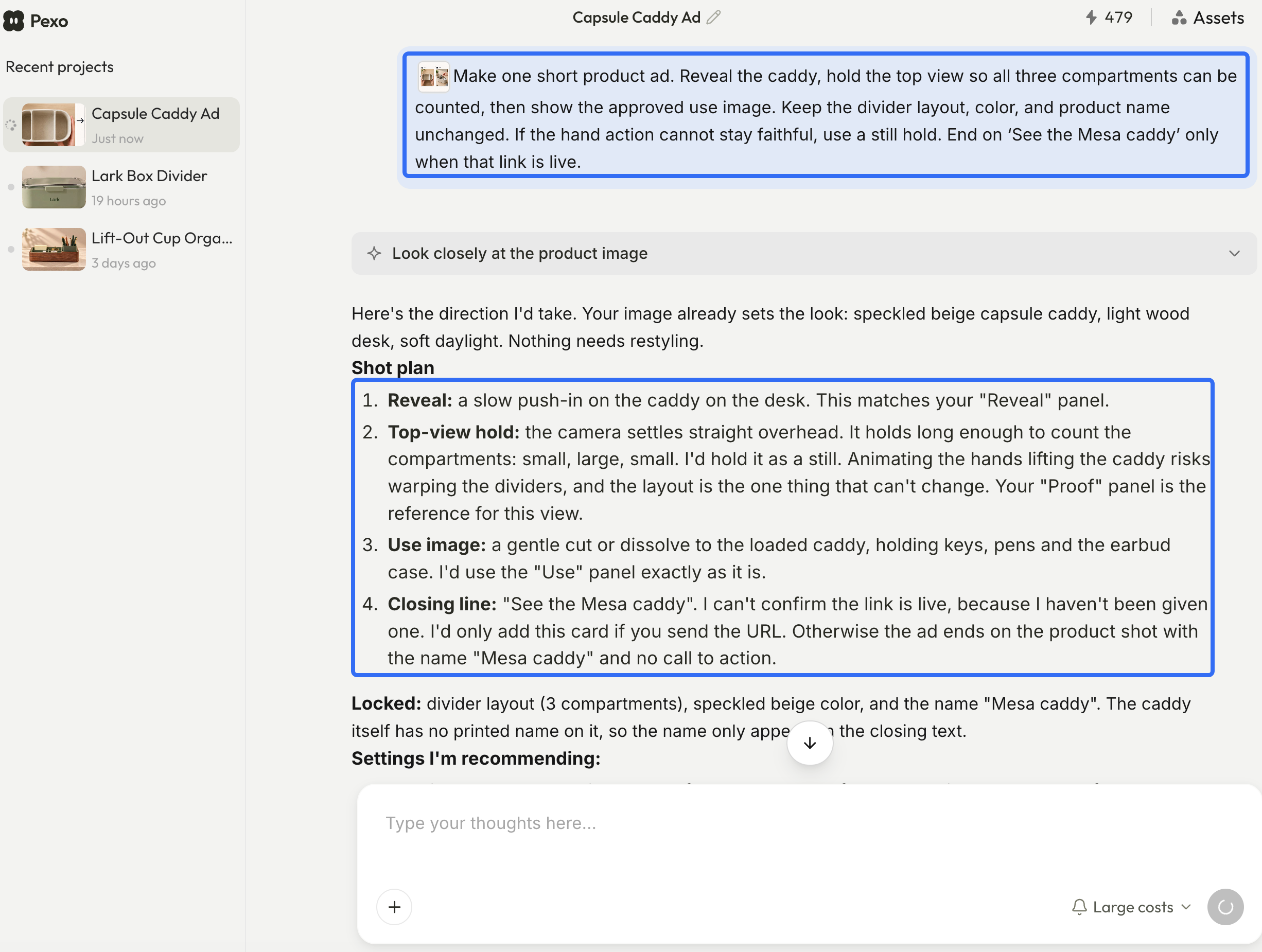Pexo conversation with a Mesa caddy product-ad brief and a four-part shot plan