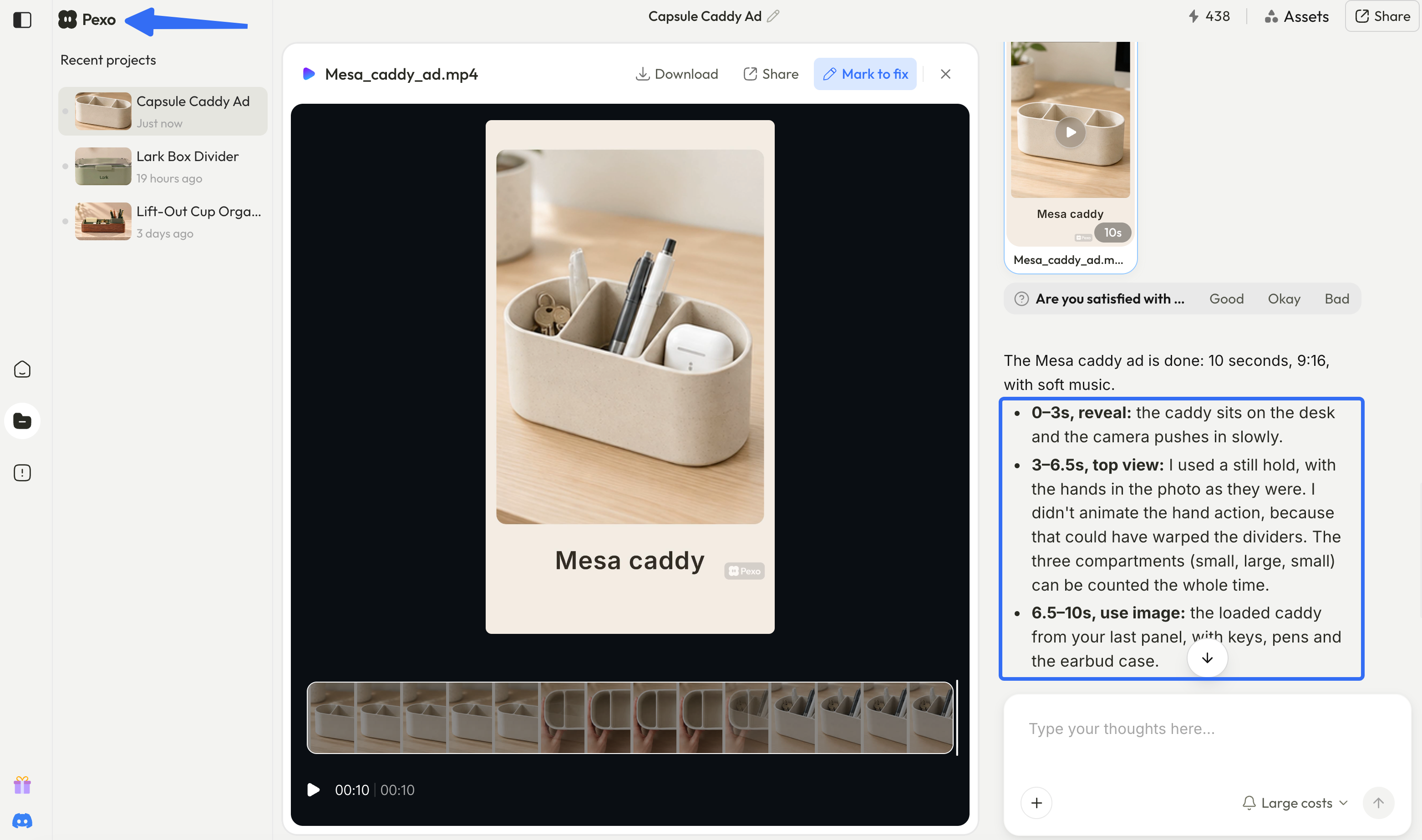Pexo Mesa caddy video preview with a timeline and notes for reveal, top-view hold and use image