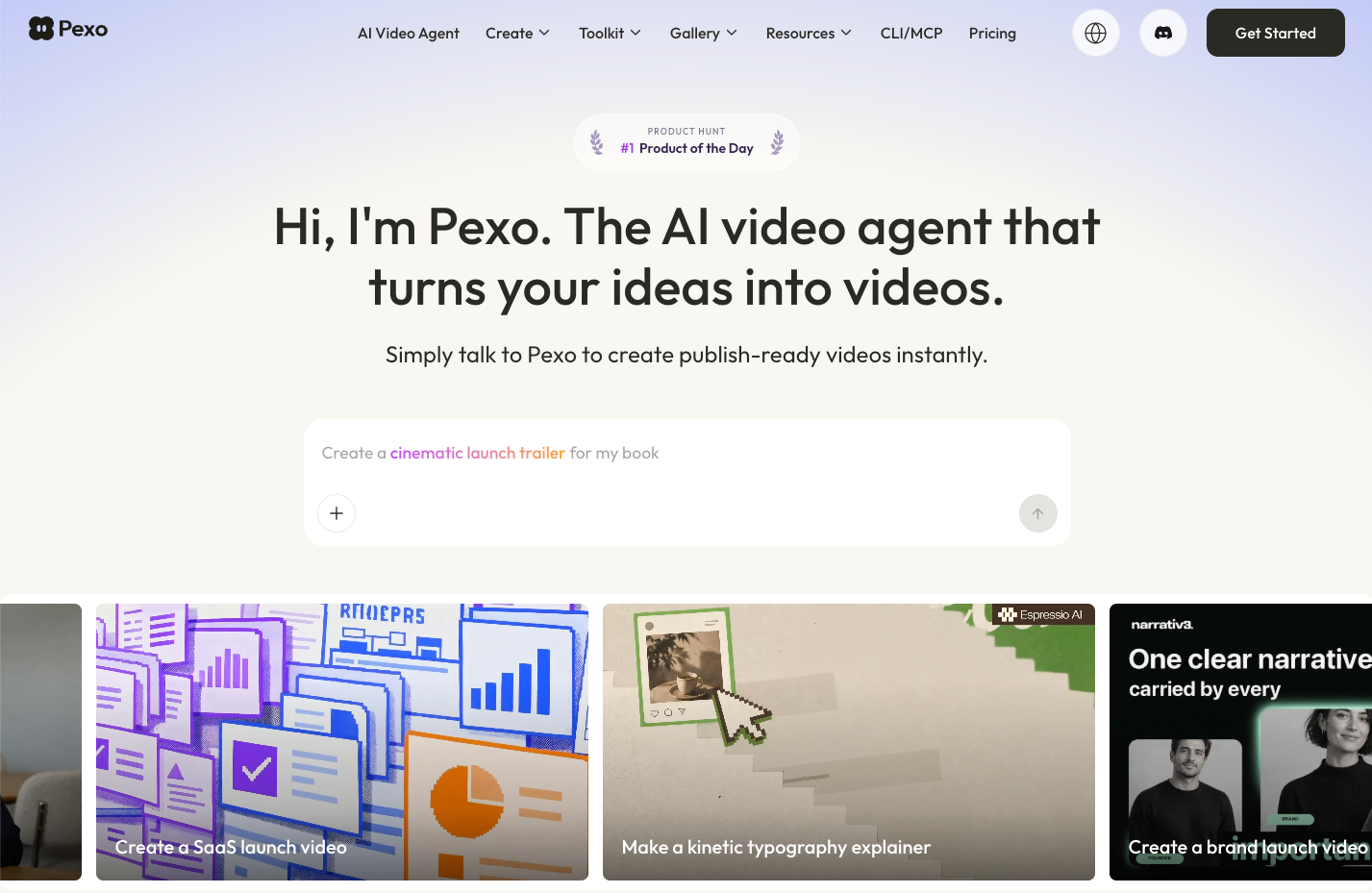 Pexo homepage with an AI video agent prompt and example video projects