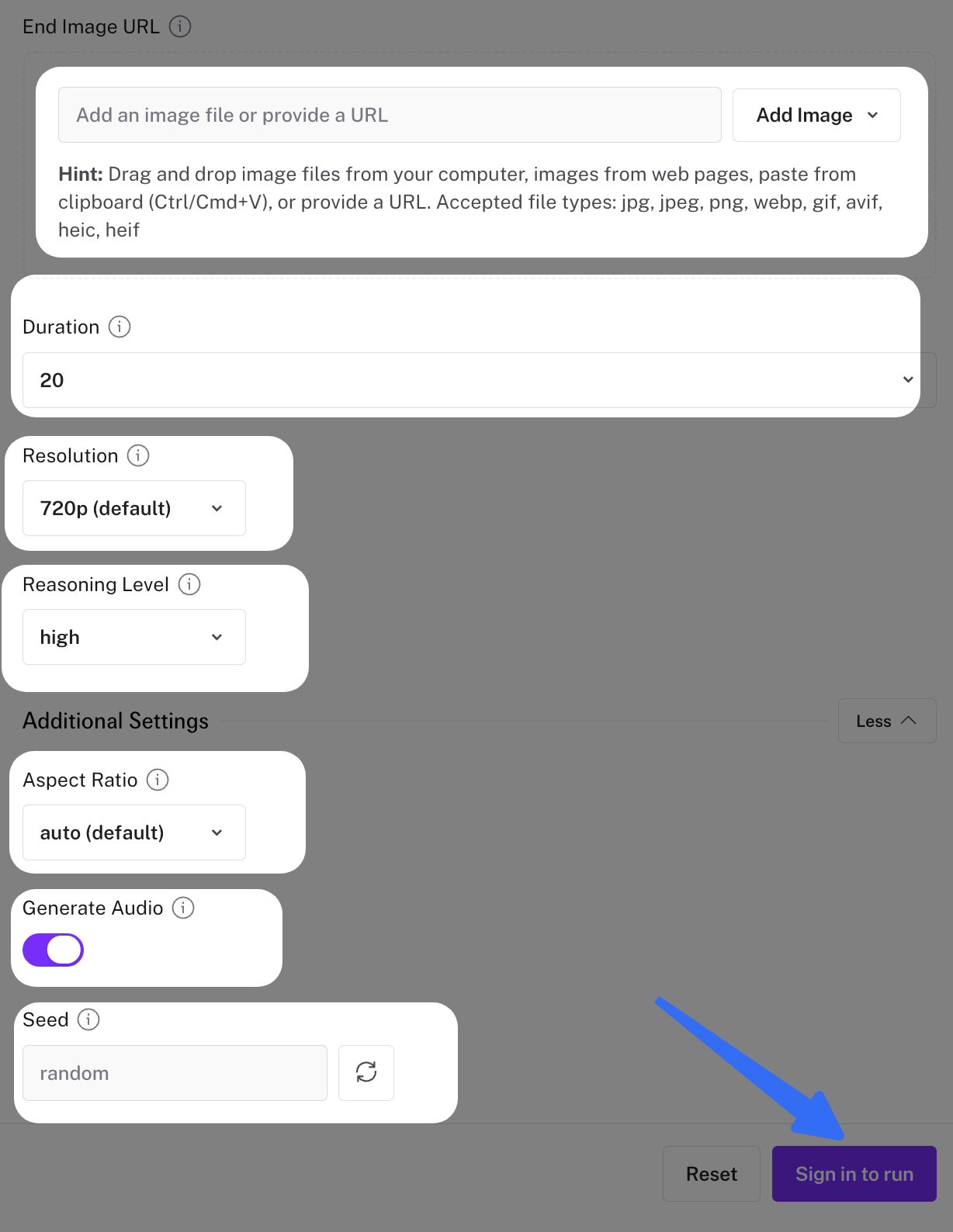 fal video generation settings showing duration, resolution, aspect ratio, audio and seed controls