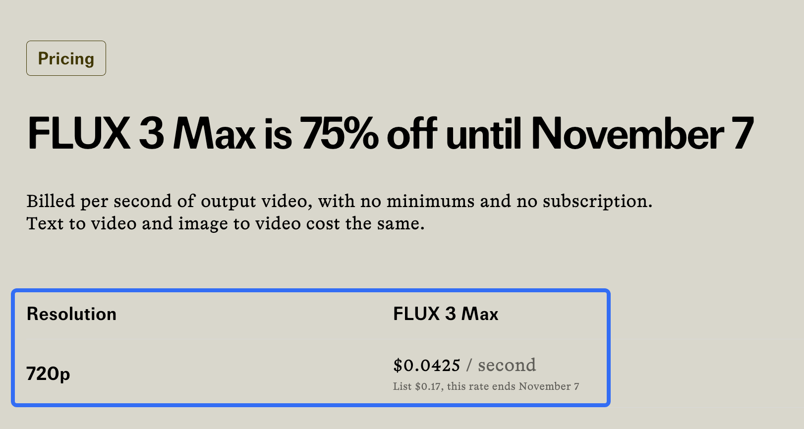 FLUX 3 Max pricing screenshot highlighting a promotional 720p rate and November 7 end date