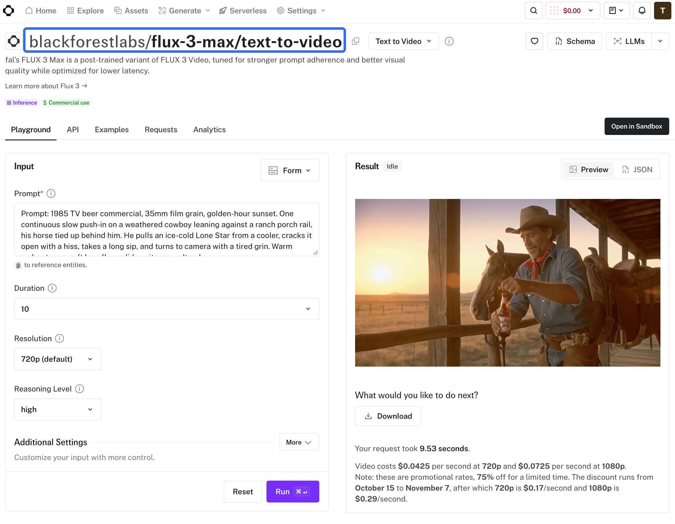 fal FLUX 3 Max text-to-video playground with a prompt, generation settings and a cowboy example preview