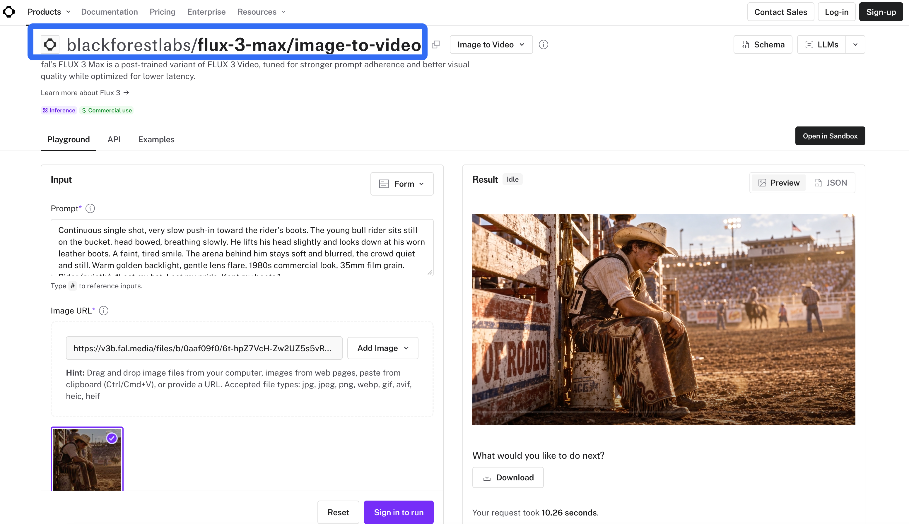 fal FLUX 3 Max image-to-video playground with an image input, prompt and example preview