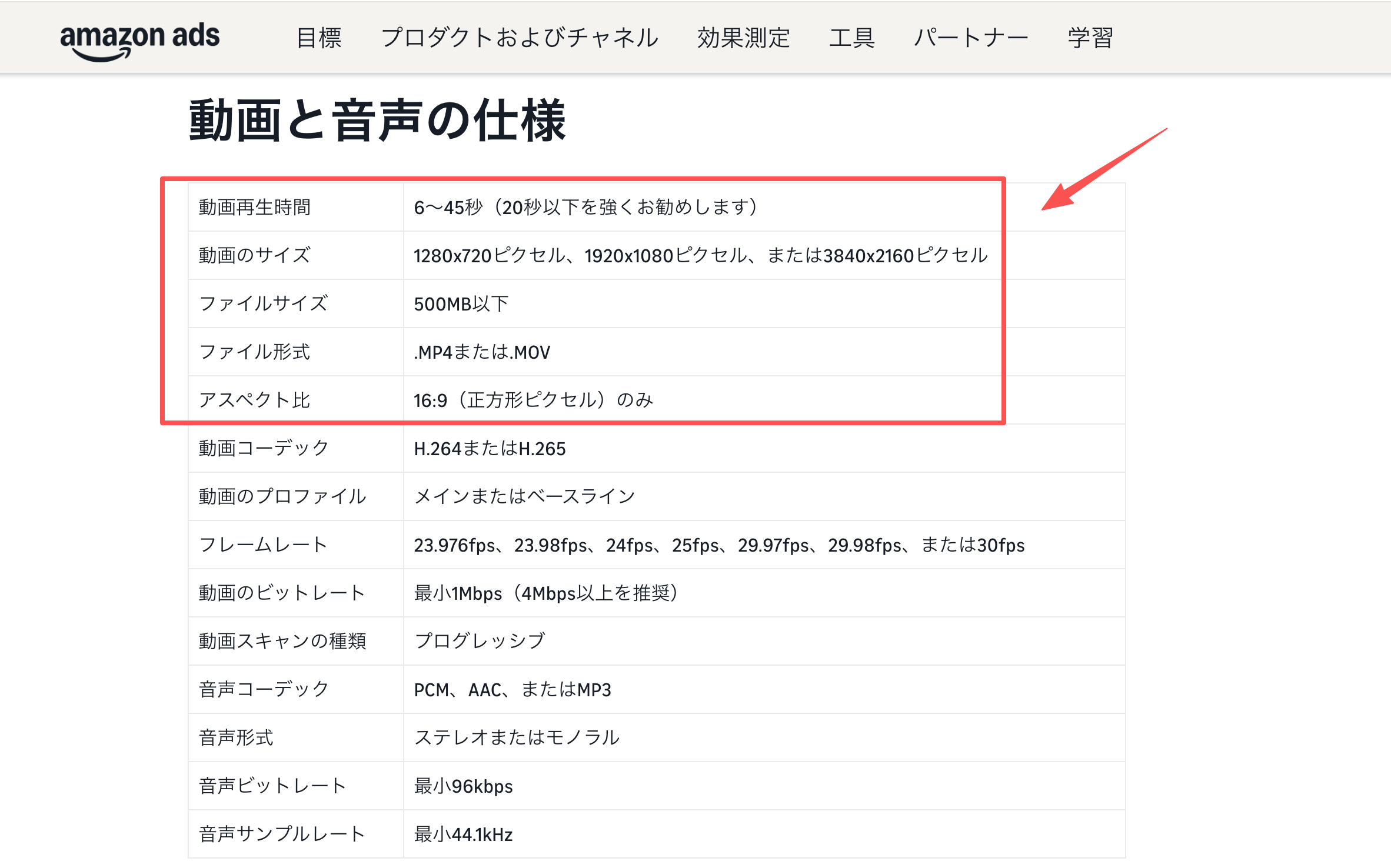 Amazonスポンサーブランド動画広告の再生時間と16:9の動画仕様を示す掲載画面
