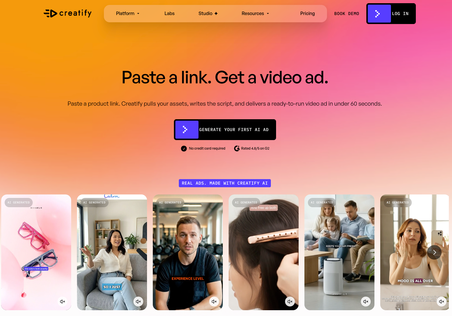 Creatify homepage offering video ads from product links with example ad thumbnails