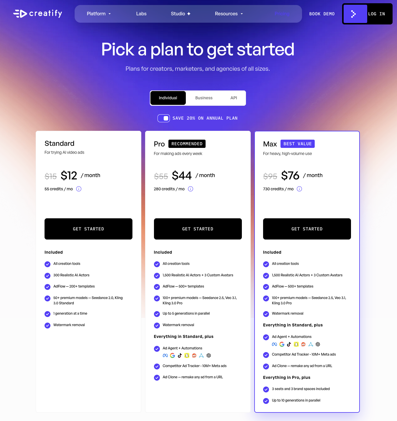 Creatify pricing page showing Standard, Pro, and Max plans with monthly credit allowances