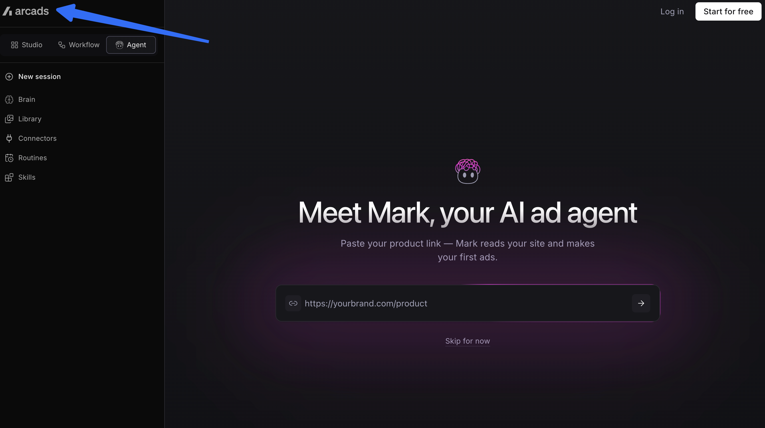 Arcads workspace introducing Mark, an AI ad agent, with a product link input