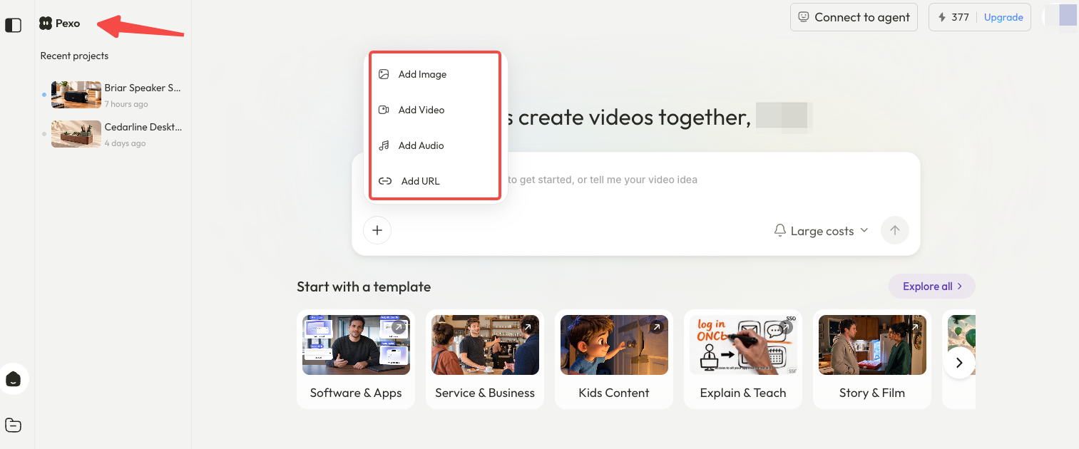 Pexo workspace with a menu for adding images, video, audio, and a URL to a video brief