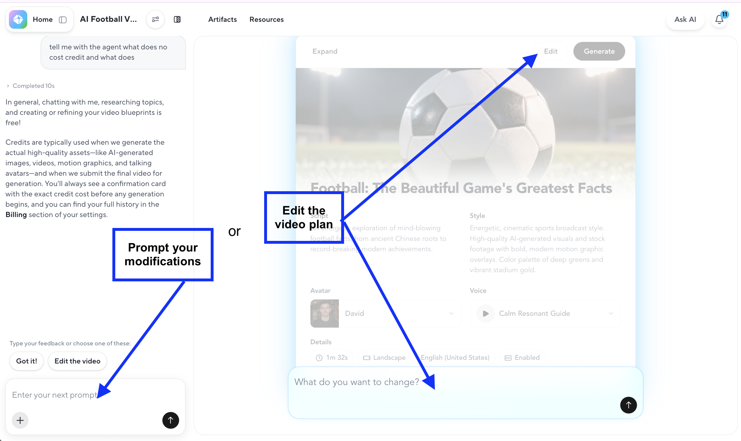 HeyGen workspace highlighting options to request changes in chat or edit a video plan