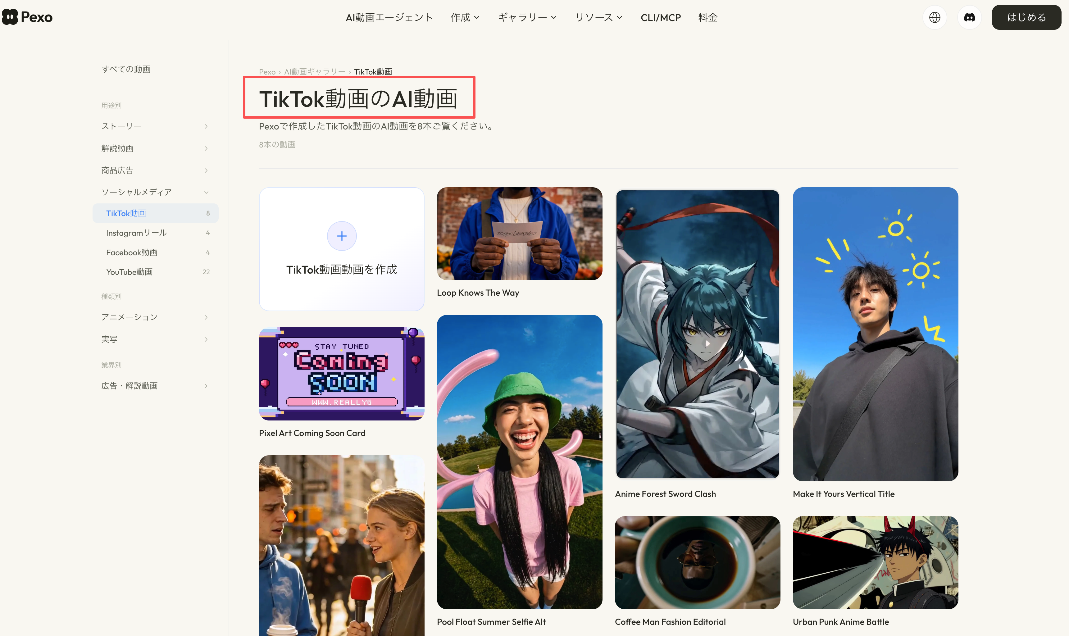 TikTok自然投稿動画の表現例を並べたPexoギャラリー