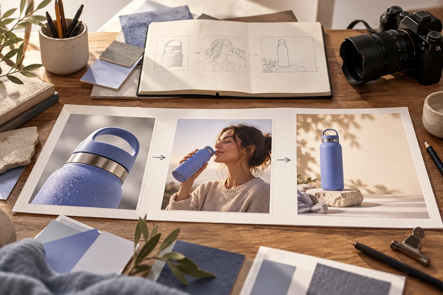 Advertising storyboard with product, use scene and closing composition