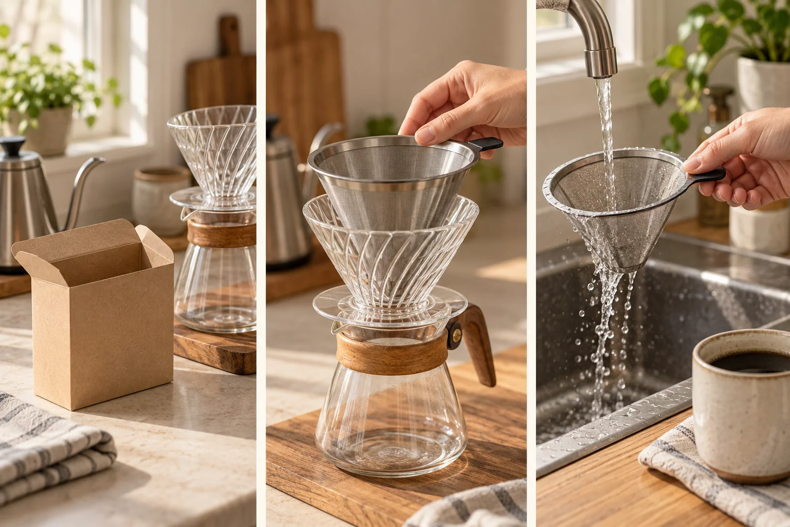 Three scenes showing an empty disposable-filter box, a reusable mesh filter in use and the filter being rinsed