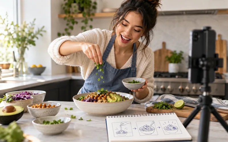 Creator recording a vertical kitchen demonstration with phone