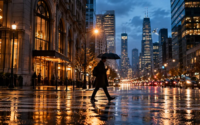 Rainy city street composed as a cinematic scene