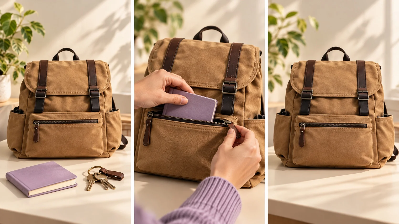 Three-frame storyboard: notebook and keys beside a tan backpack, a hand placing the notebook in its front pocket, and the full bag