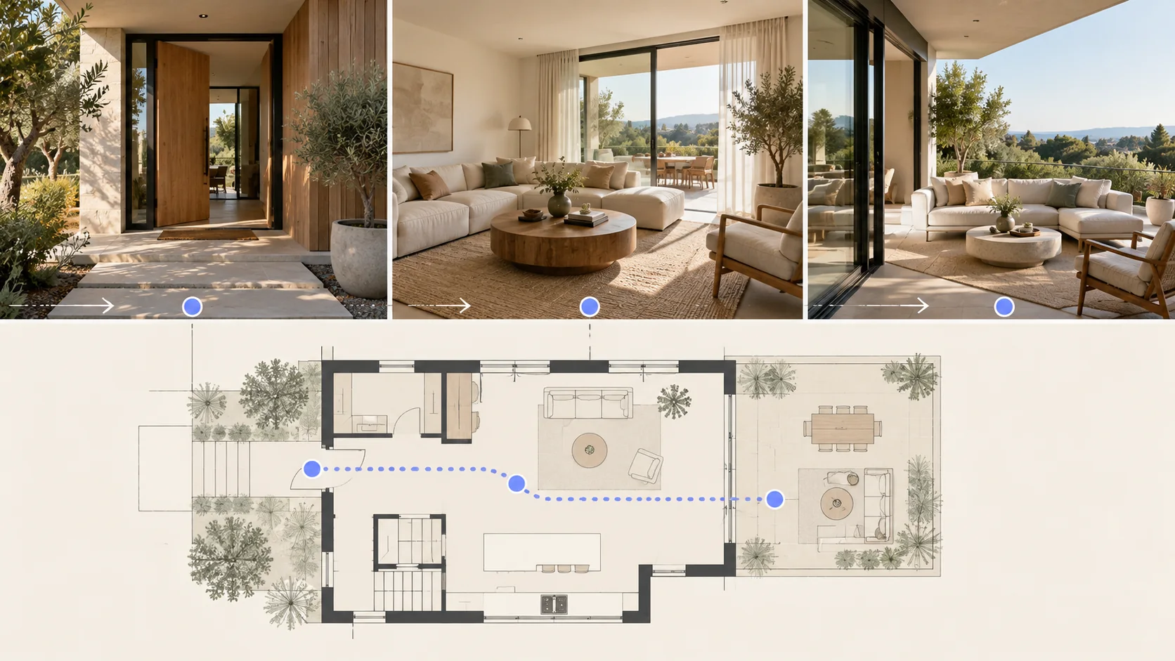 Illustrative home walkthrough from entry to living room and terrace with a route sketch