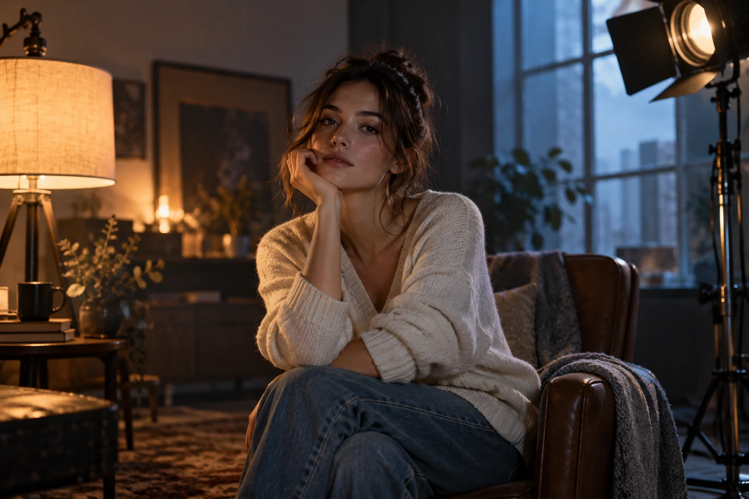 Actor in an interior shaped by warm and cool studio lighting