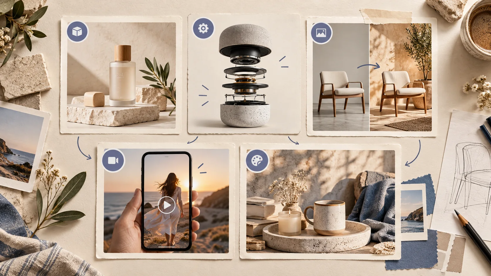 Five visual cards representing product, explainer, image edit, short video, and brand mood tasks