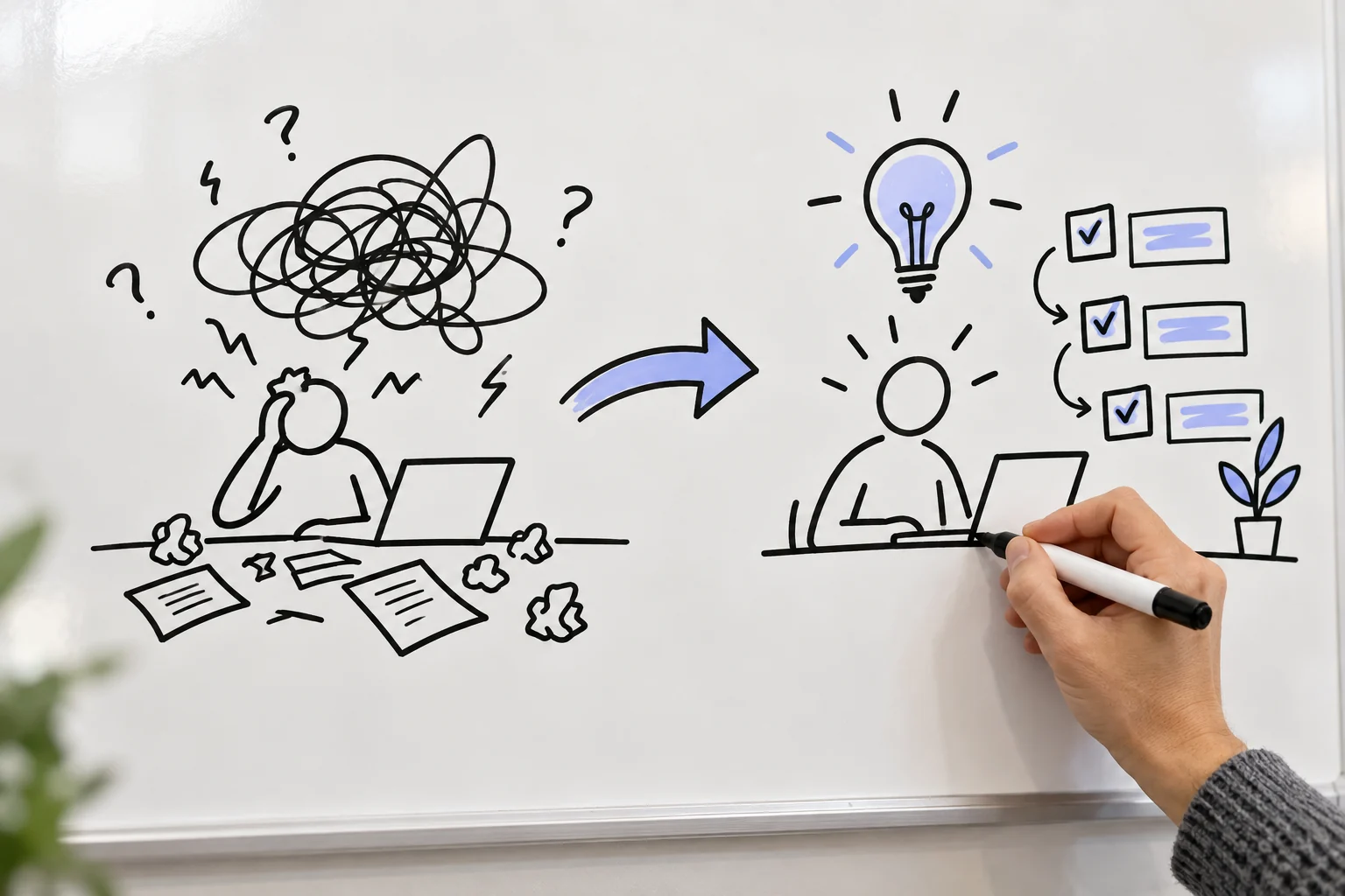 Illustrator drawing a step-by-step whiteboard explanation