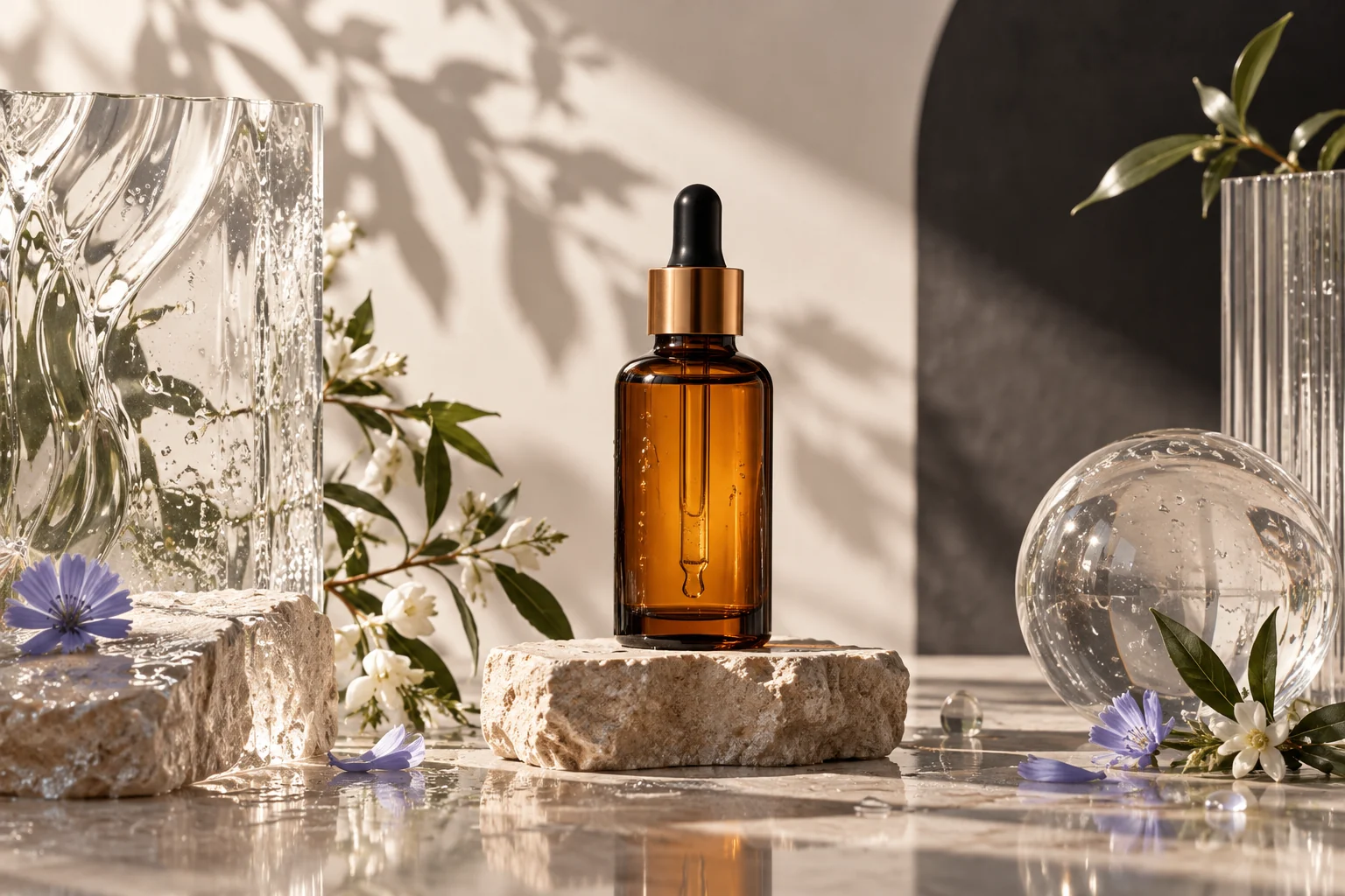 Amber skincare bottle in a softly lit botanical studio set